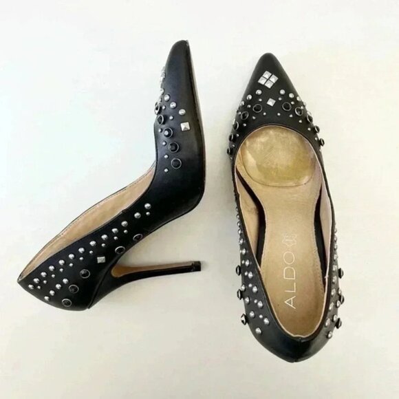 Aldo Black Leather Pumps Pointed Toe High Heel Rhinestone Studded Stilettos 7.5 - Picture 13 of 16